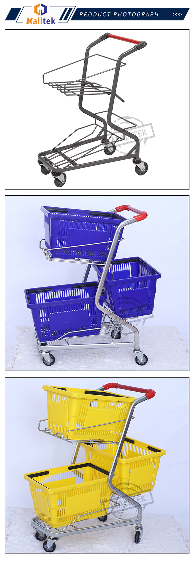 3 Baskets Supermarket Shopping Trolley For Grocery 100KG Loading