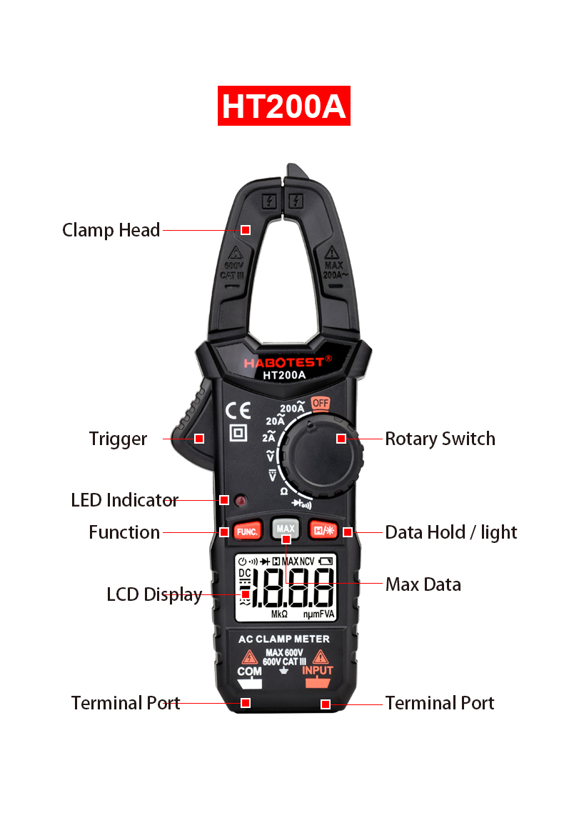 HT200A Digital Clamp Meters , 2000 Counts Multimeter Clamp Tester