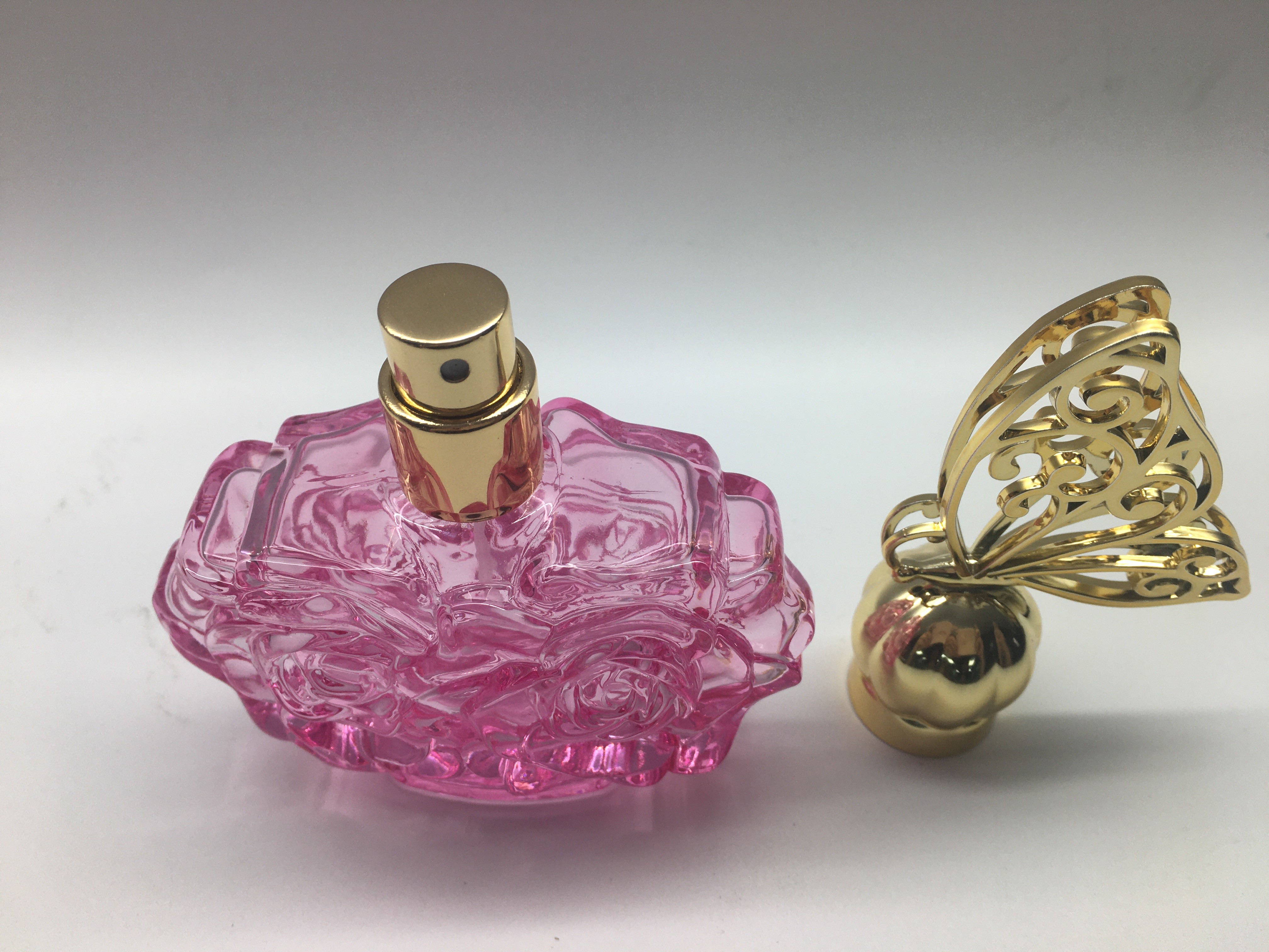 30ml 50ml Glass Perfume Bottle Rose Shape Pink Color With Butterfly Cap