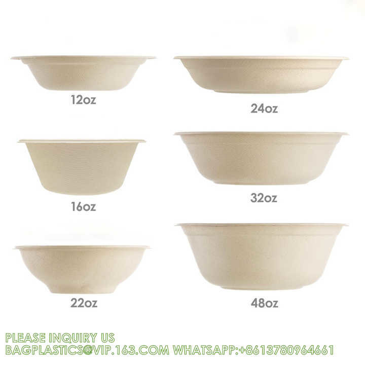 12oz 24oz 32 Oz Sugarcane Bagasse Biodegradable Disposable Compostable Round Paper Salad Soup Bowl With Lid Sugar Cane