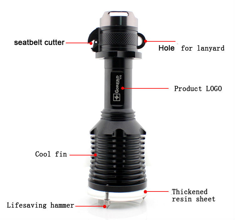 Y70 High bright rechargeable diving flashlight with lifesaving hammer and seat belt cutter