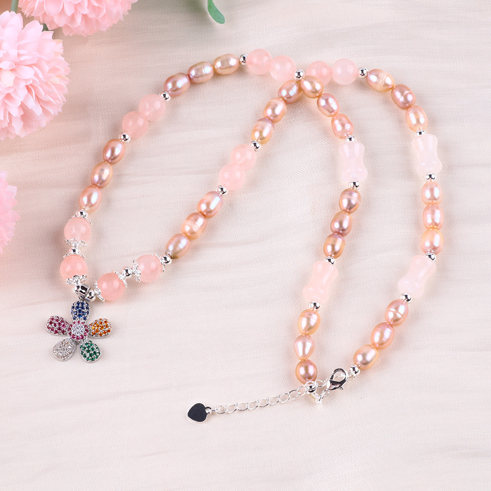 Fresh Water Pearl Necklace Rose Quartz 6mm Beads Crystal Sweater Necklace
