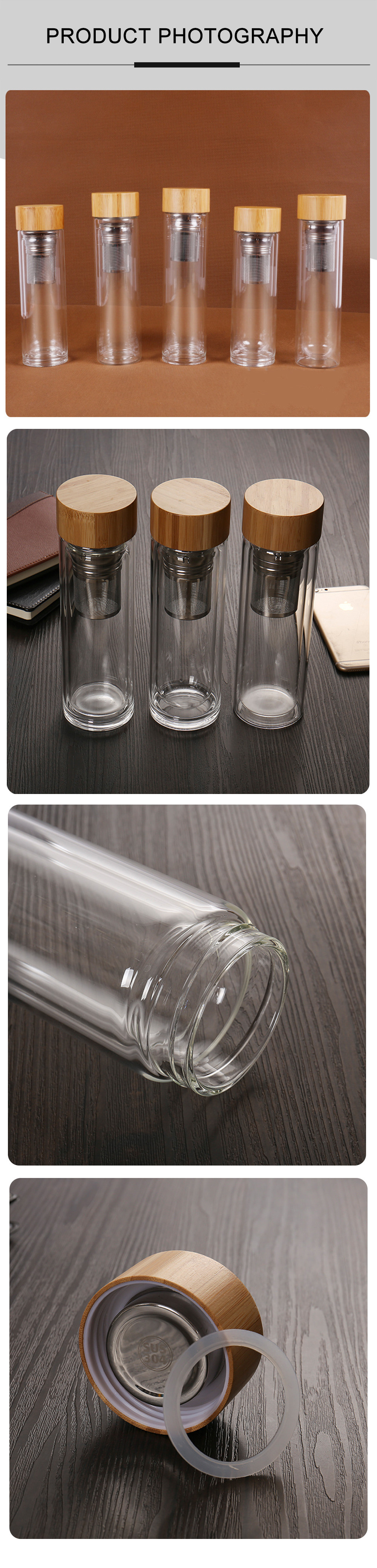 Double Wall High Borosilicate Glass Water Bottle Insulated Tea Infuser OEM