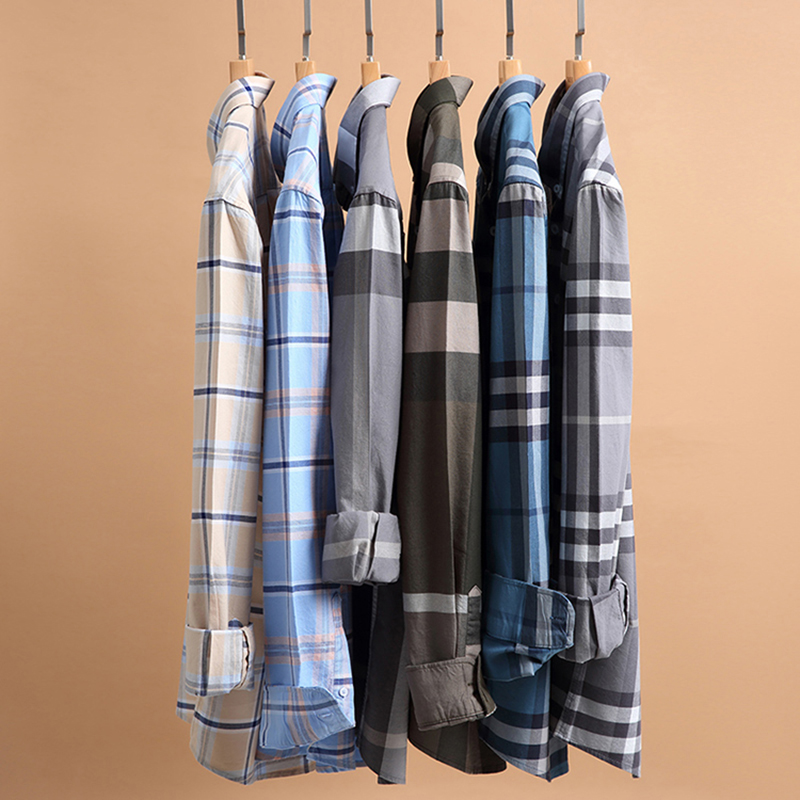 2023 Solid Grey Check Men's Casual Dress Shirt in Spring and Autumn for S-2XL Mens Shirts