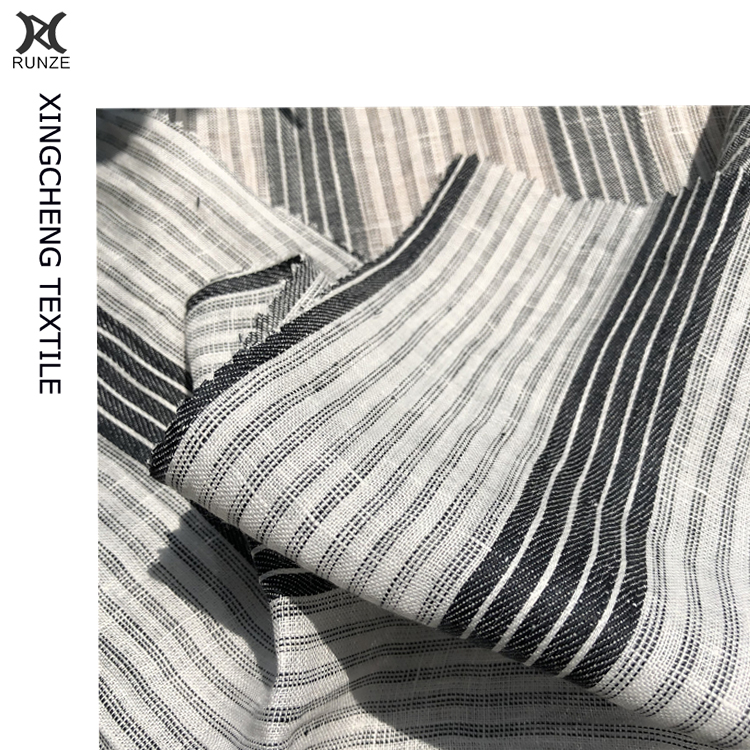 21S*21S Anti Pilling Linen Yarn Dyed Black Stripes Fabric Lady Dress Summer Suit Cloth