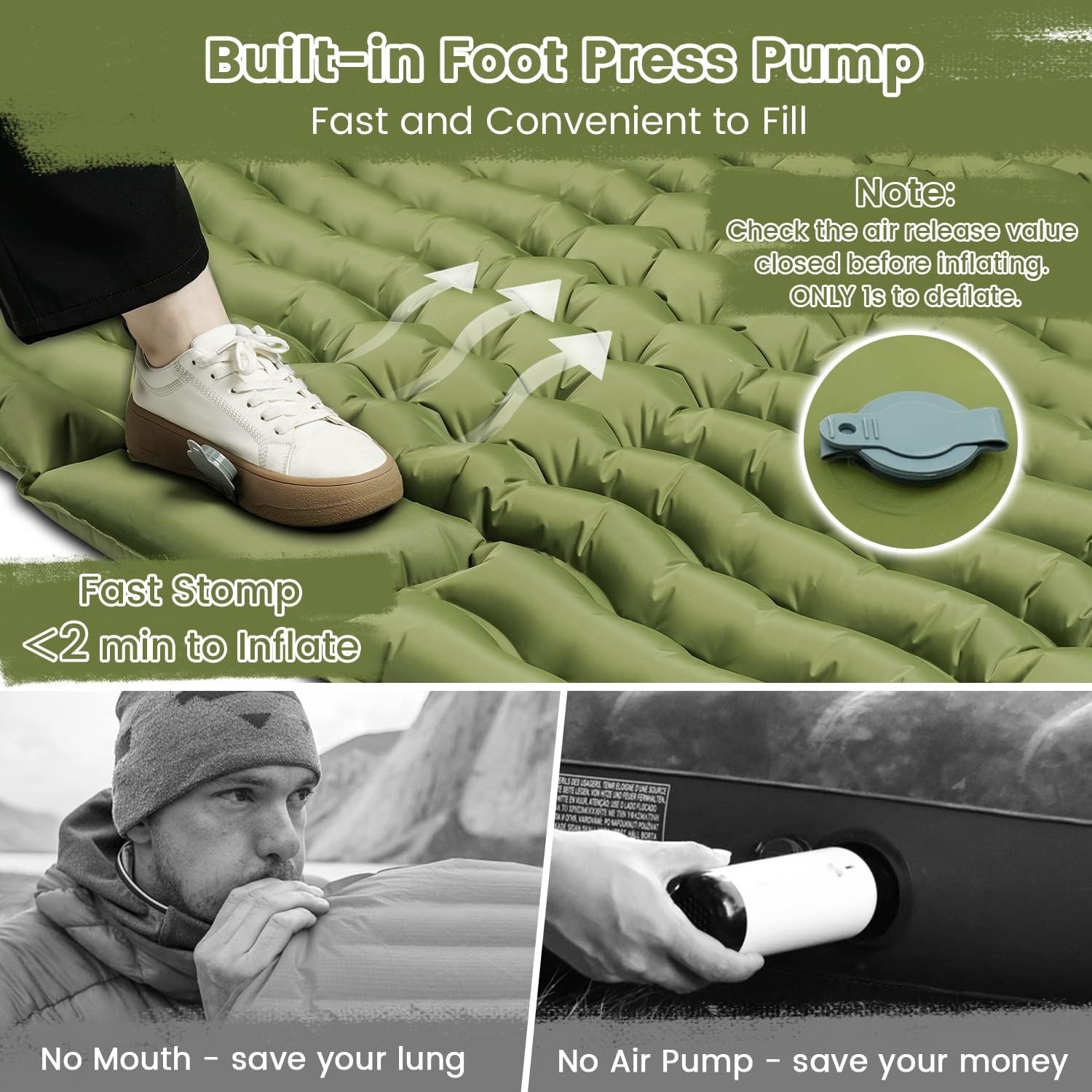 Double Sleeping Pad Camping, Camping Self Inflating 4" Extra-Thick Camping Pad 2 Person Pillow Built-in Foot Pump