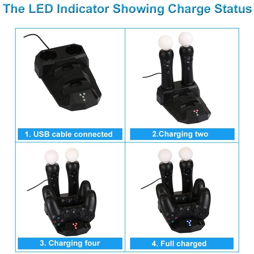 4 In 1 USB Charging Dock With LED Light Dual Charger Dock Station For Playstation For PS Move For PS4 VR Controllers