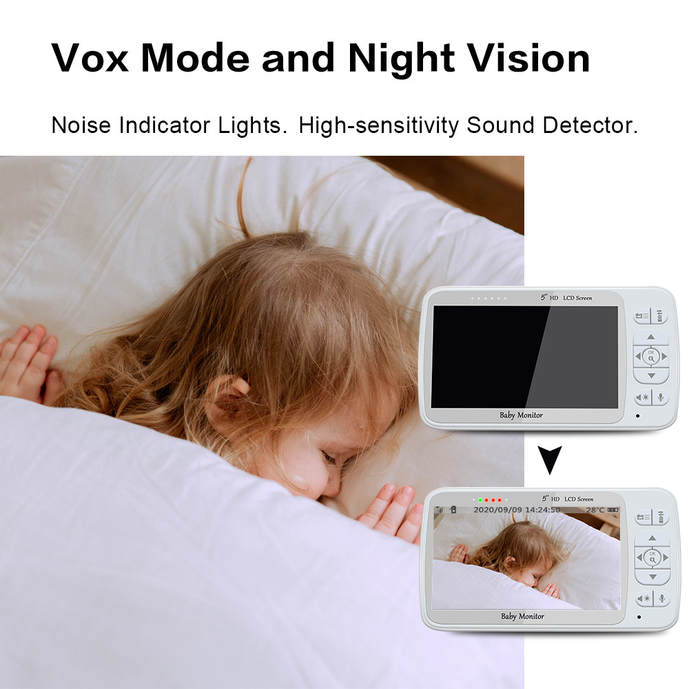 HD 5inch Display Wireless Digital Baby Monitor Voice Control Two Way Video Monitor