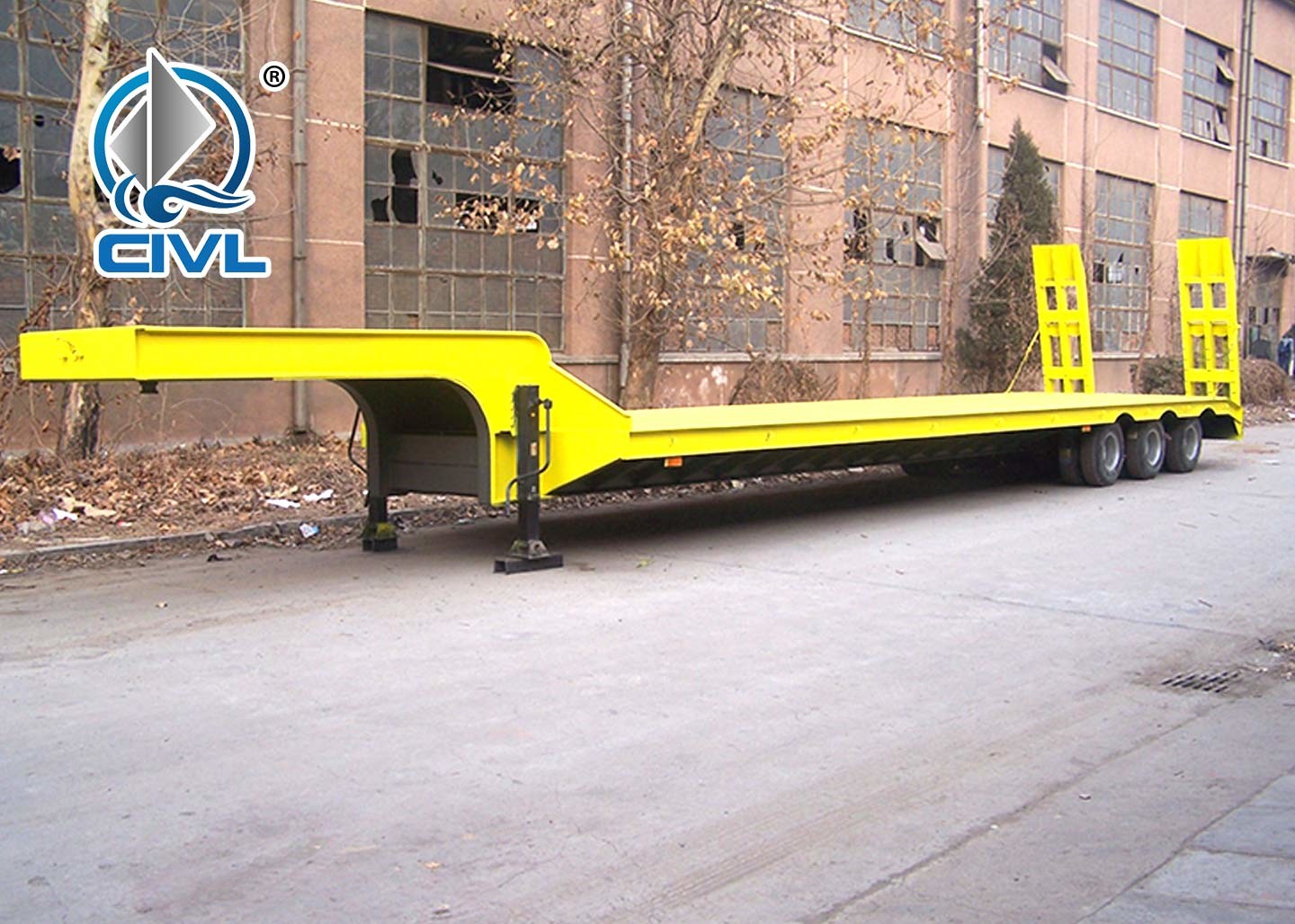 Loading Construction Machines Hydraulic Lowbed Flatbed Trailer 3 Fuwa Axles 80 Tons 17m