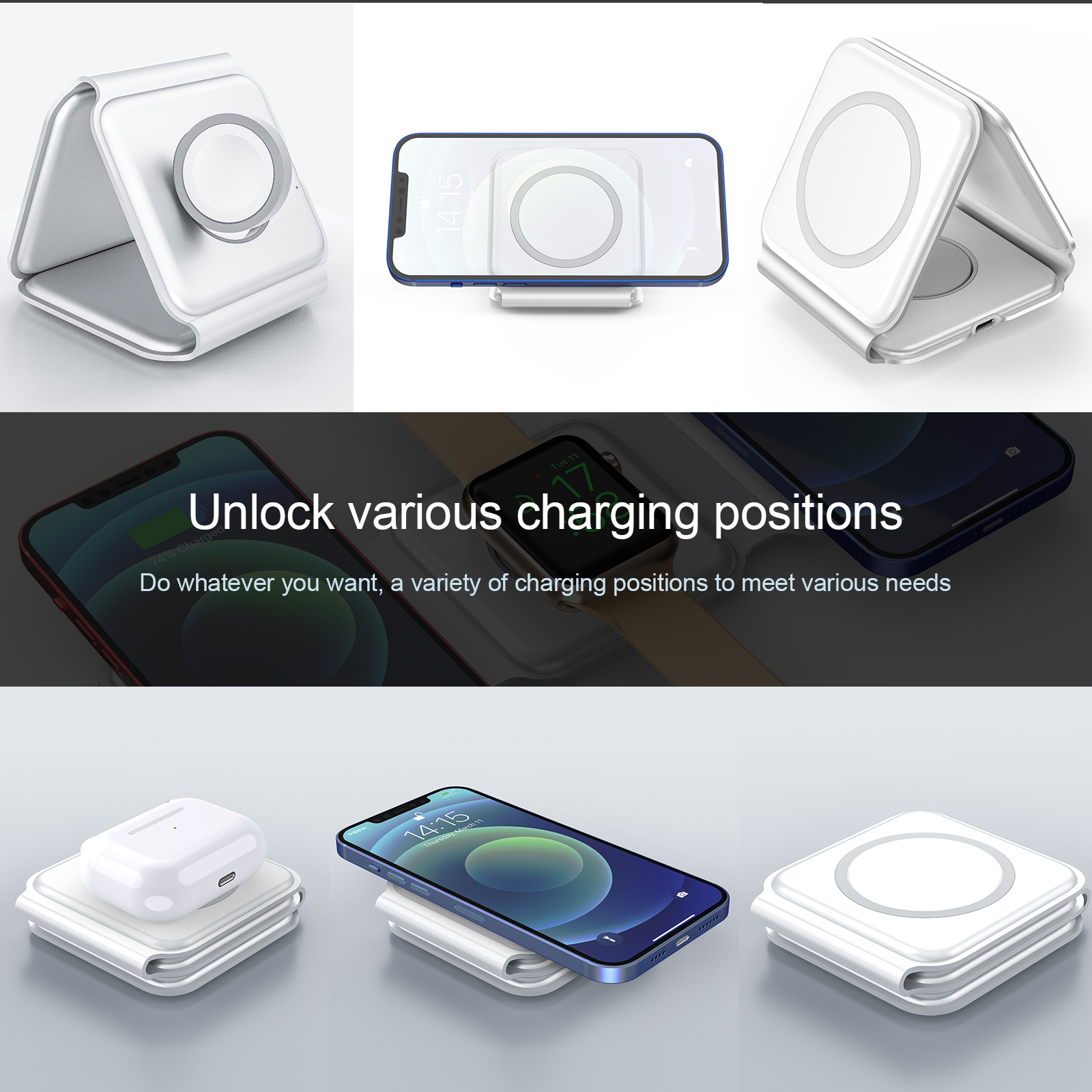 15W Magnetic Folding Wireless Charger for iPhone AirPods and Watch 3 Multiple Smart