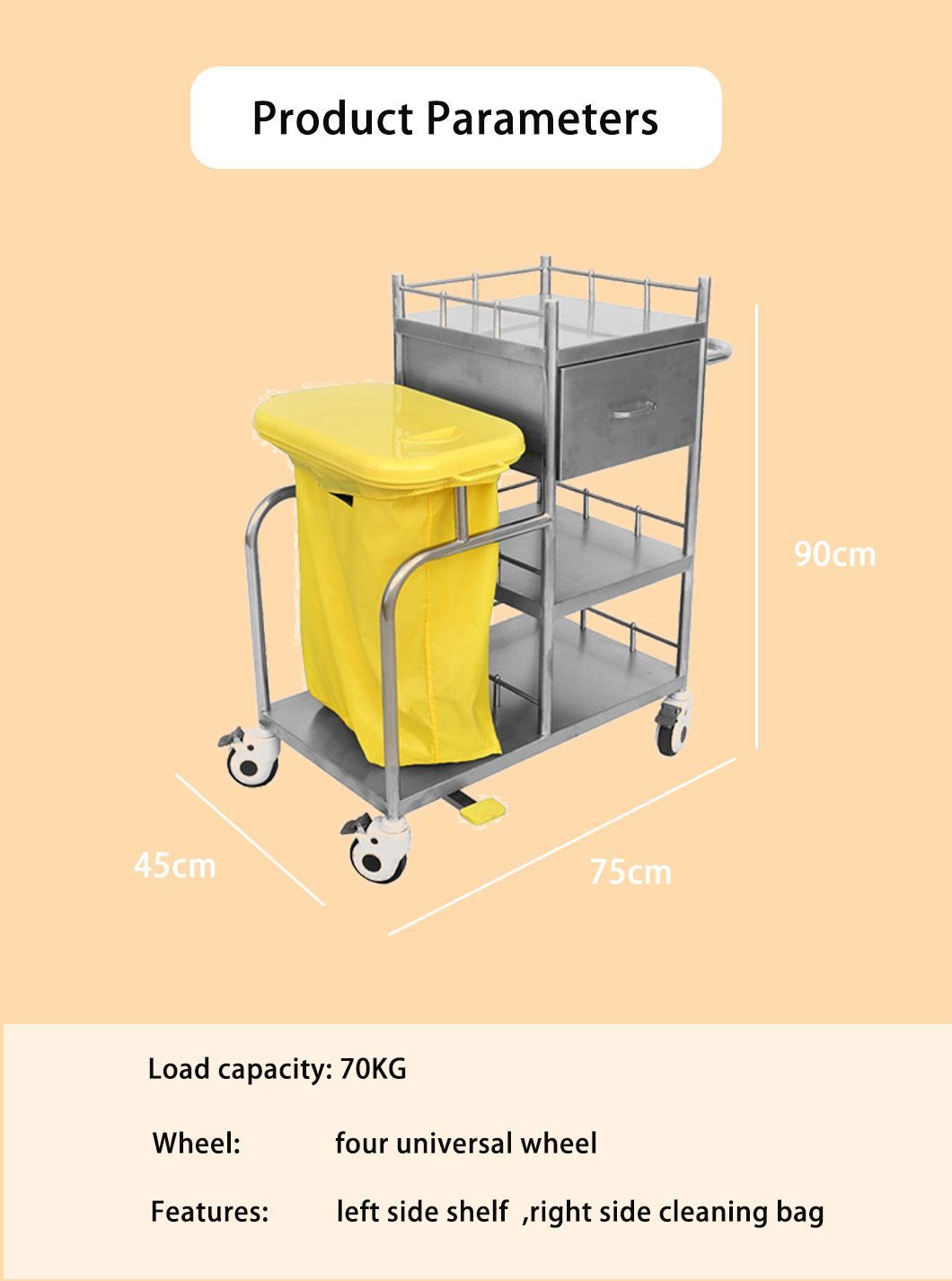 Hot Sale Stainless Steel Morning Care Trolley with Large Capacity Dirt Bag and Brake Casters
