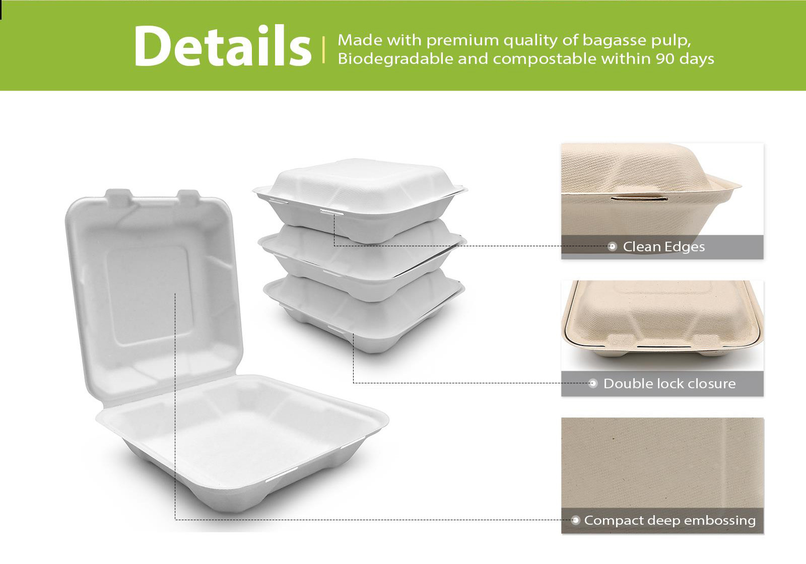 PFAS Free Compostable Clamshell Lunch Box Fuling Biodegradable Bagasse Pulp Fast Food