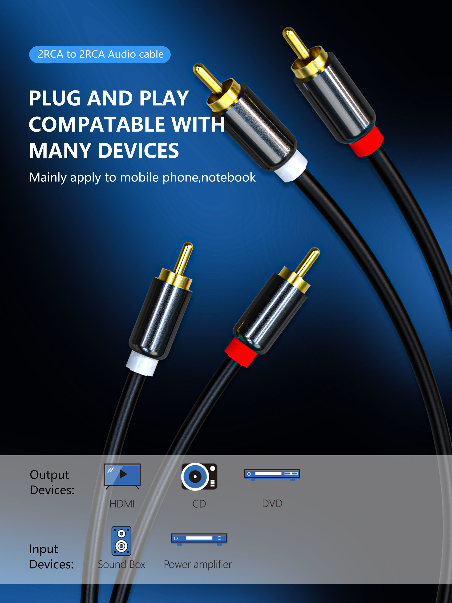 HDTV HiFi 6 Foot Audio And Video Cable 2RCA Male To 2RCA Male