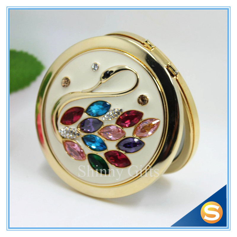 Shinny Gifts Rhinestone Small Metal Mirror For Craft Crystal Round Shape Pocket Mirror