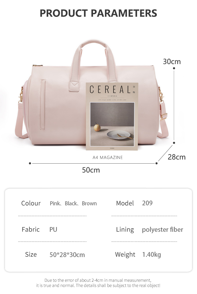 PU Foldable Pink Leather Travel Duffle Bag Carry On Garment Bag OEM/ODM