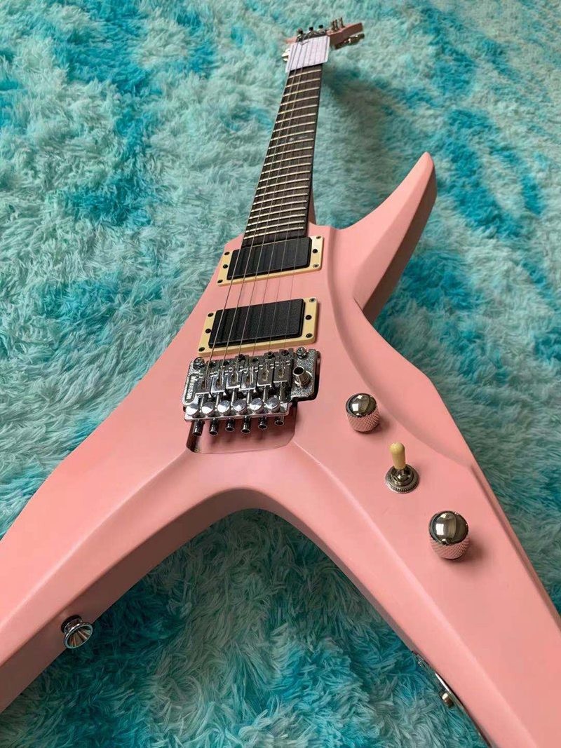 6 Strings Guitar 39 Inch V Shape Electric Guitar Neck Through Active Guitar Mahogany Wood Body Matte Pink Green Black Re