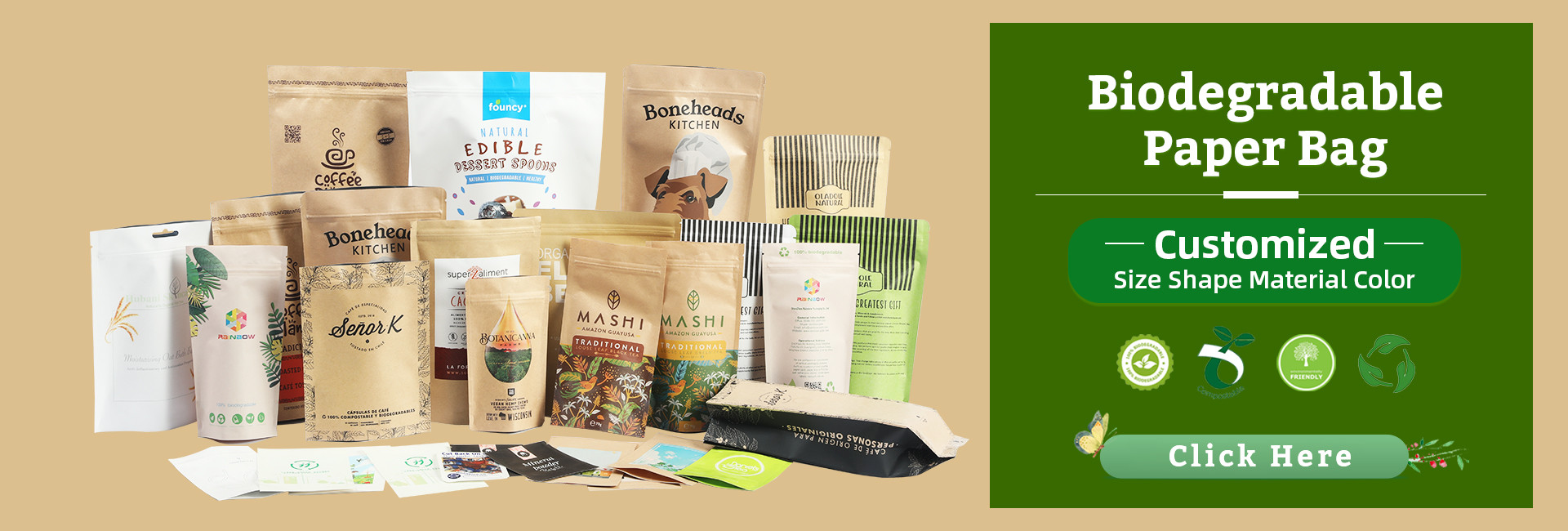 Custom Smell Proof White Kraft Paper Bags for Cookie Nuts Edibles Powder Tea Pet Food Biodegradable Packaging Bag