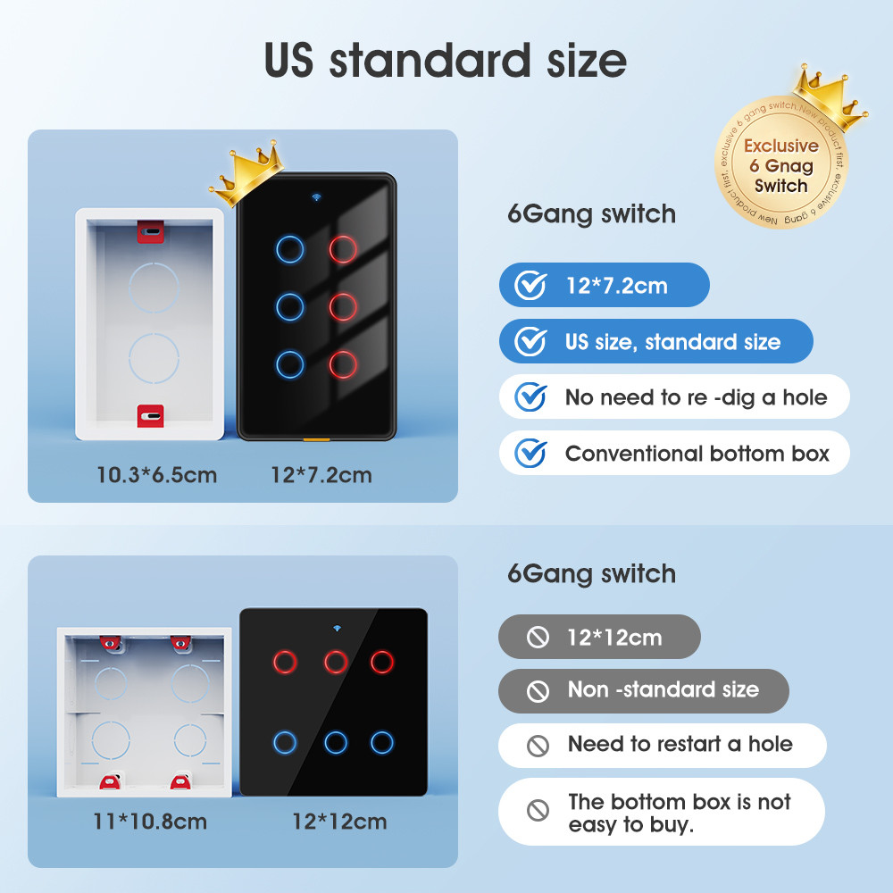 Tuya Smart WiFi 6 Gang Light Switch No Neutral Wire, Timing, Voice Control, RF433, Alexa & Google Home Compatible