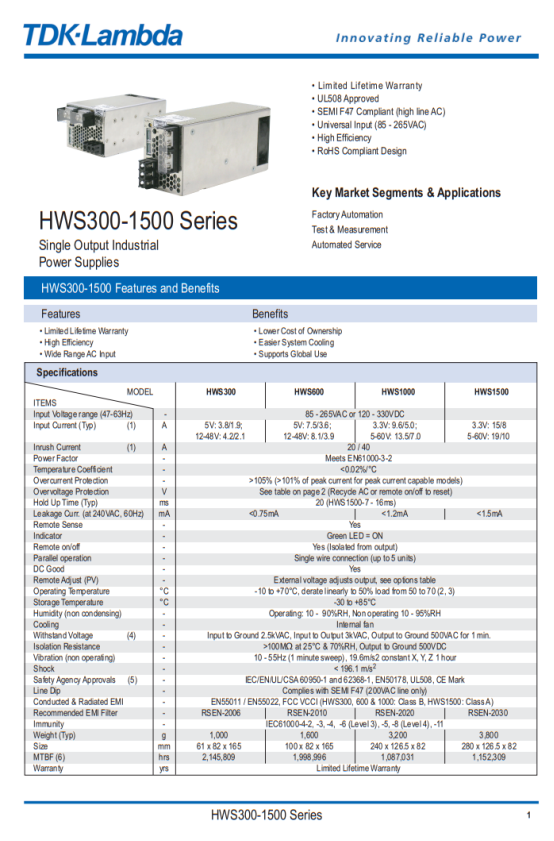 TDK Lambda HWS300-3 Enclosed Type Switching Power Supply 120-330V DC Input Voltage and 60A Input Current for Industrial