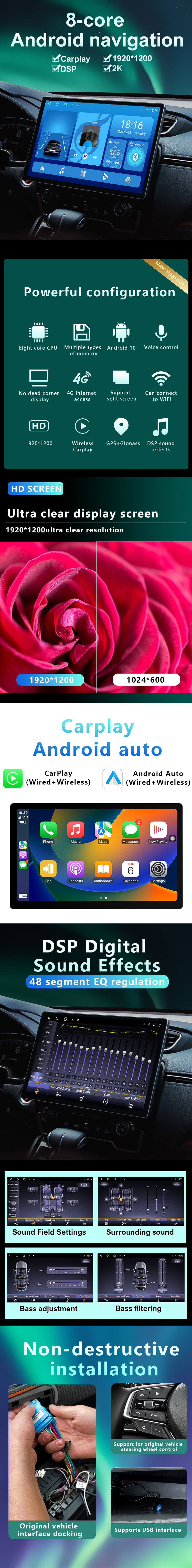 12.9 Inch Navigation Bluetooth Car Stereo Android Audio GPS Navigation Large Screen