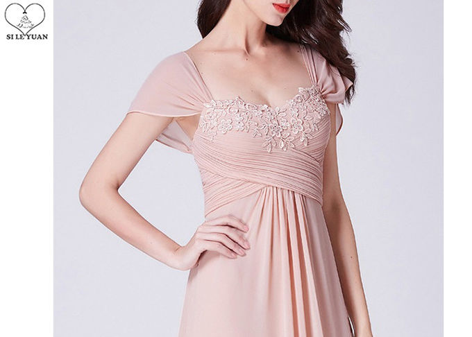 Lotus Leaf Sleeve Blush Pink Bridesmaid Dresses A Line Lace Pleating Chiffon