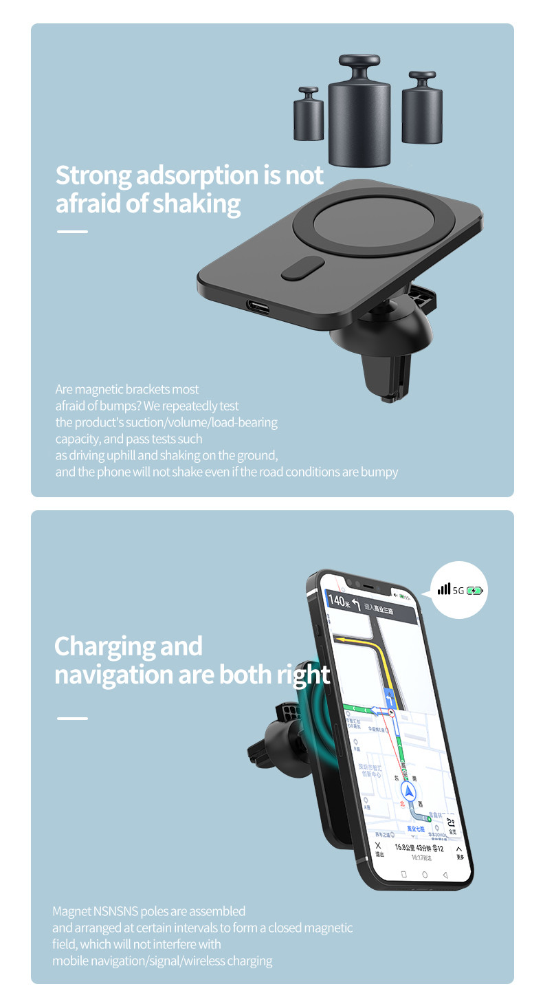 FCC Magnetic Wireless Car Charger , 15w Air Vent Car Mount Phone Holder