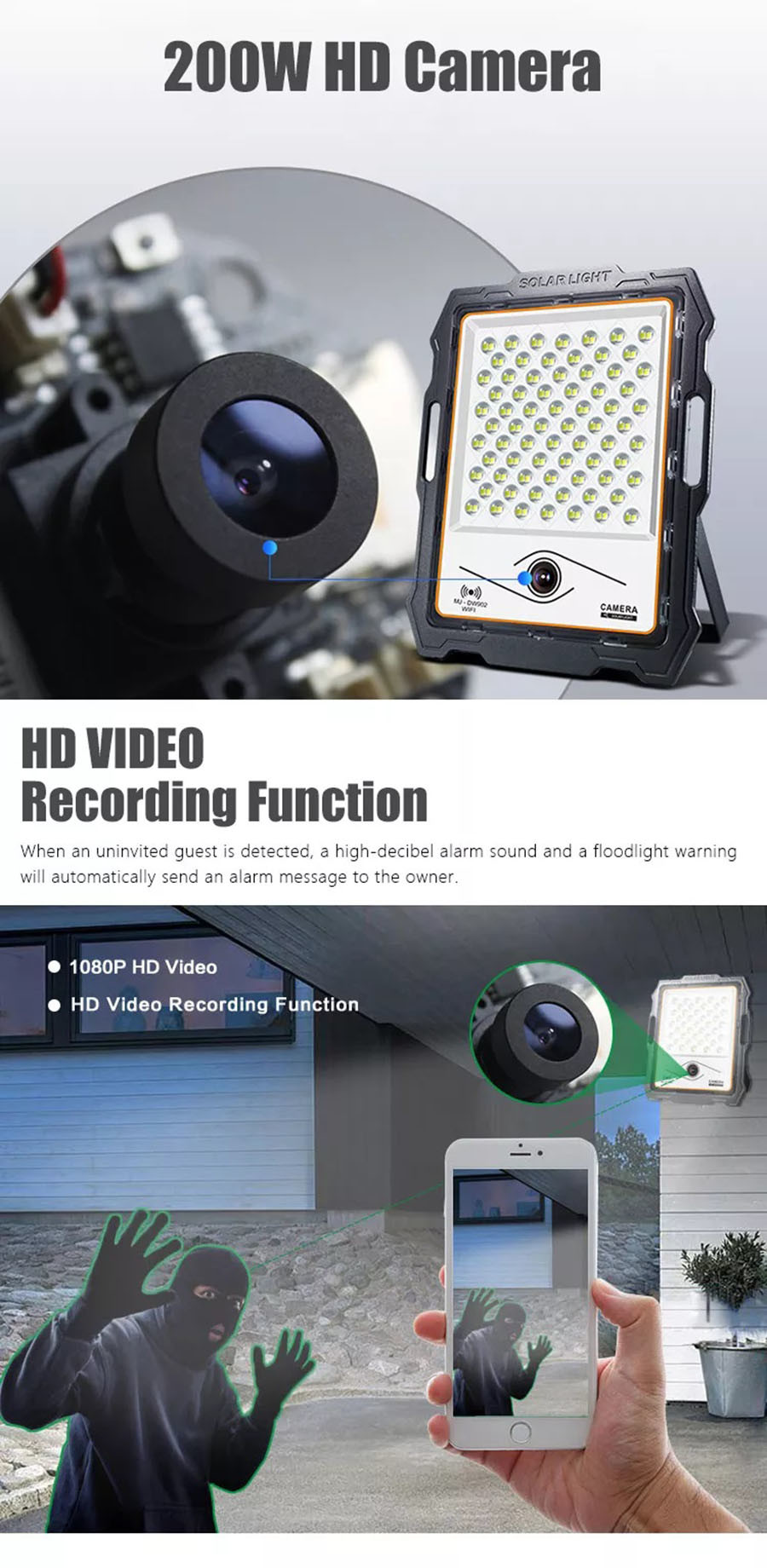 100W LED Solar Security Lights With Video Camera BSOD Street Motion Portable PIR Remote