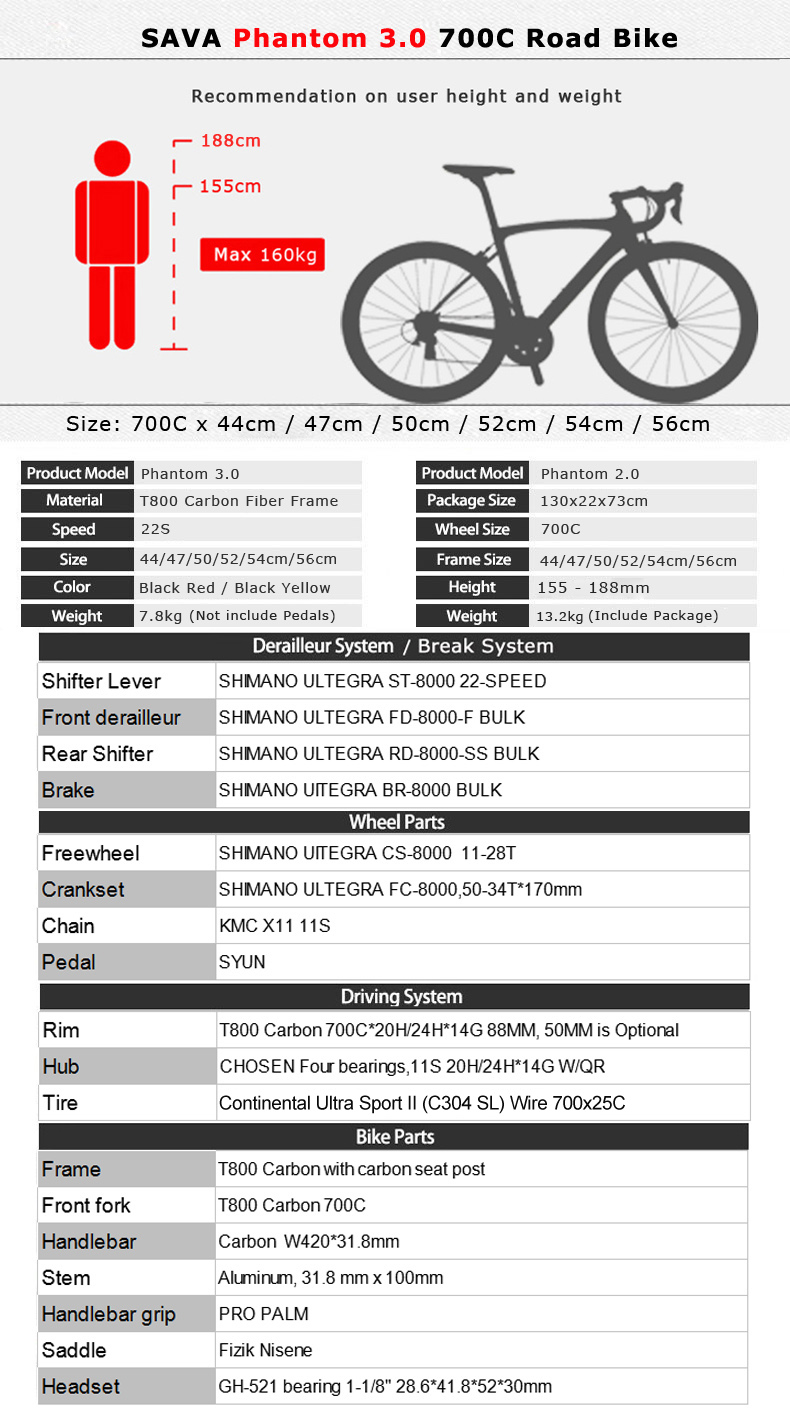 50mm Wheels Phantom 3.0 Bike T800 Carbon Frame ULTEGRA 22S