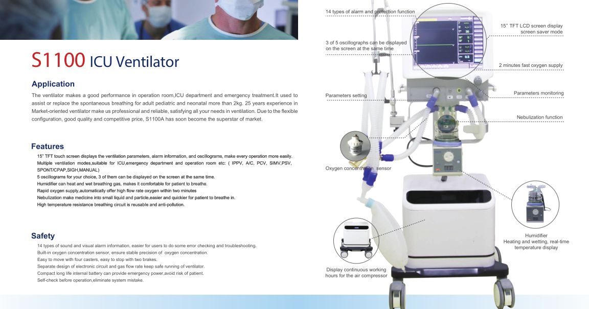 TFT Touch Screen Medical Breathing Ventilator Machine For Operation Room