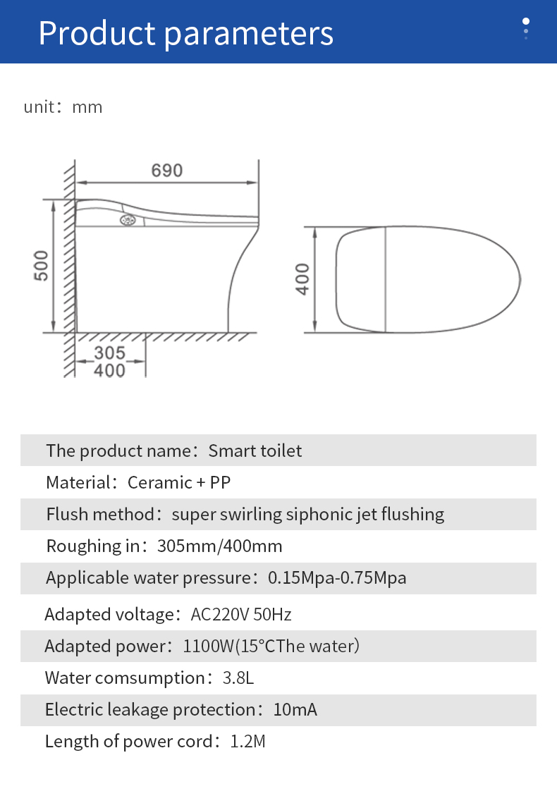 Automatic Operation Tankless Auto Wash Toilet With 305MM/400MM Roughing - In
