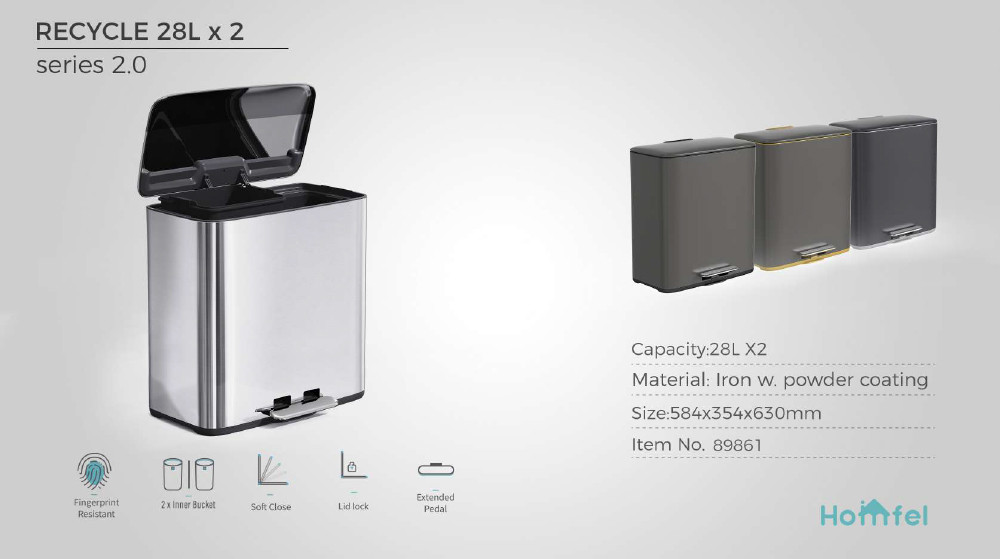 Rolling Cover Type 28L Stainless Steel Soft Close Square Pedal Trash Bin Foot Pedal Design For Living Room Office