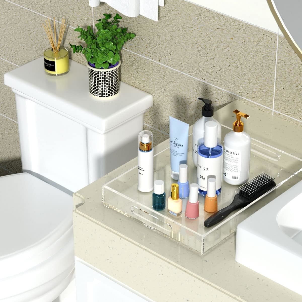 Clear Serving Tray Spill Proof- Acrylic Decorative Tray Organiser For Ottoman Coffee Table Countertop With Handles