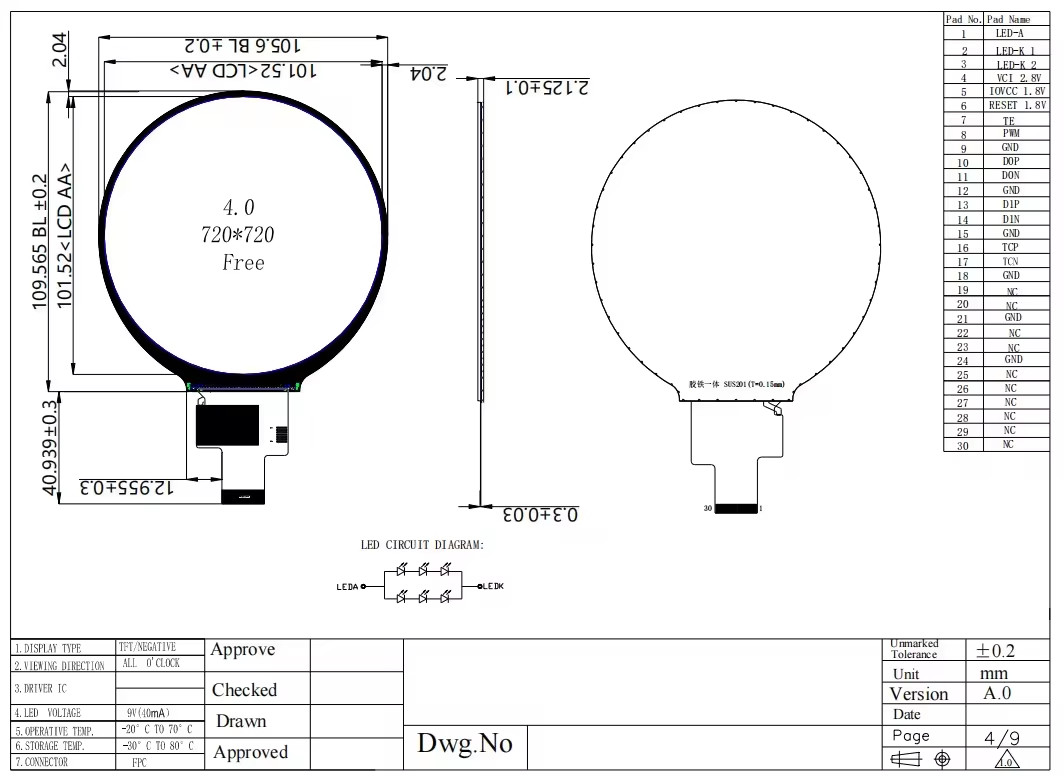 4 Inch Round LCD Display Module 720x720 300 Cd/M2 MIPI Interface