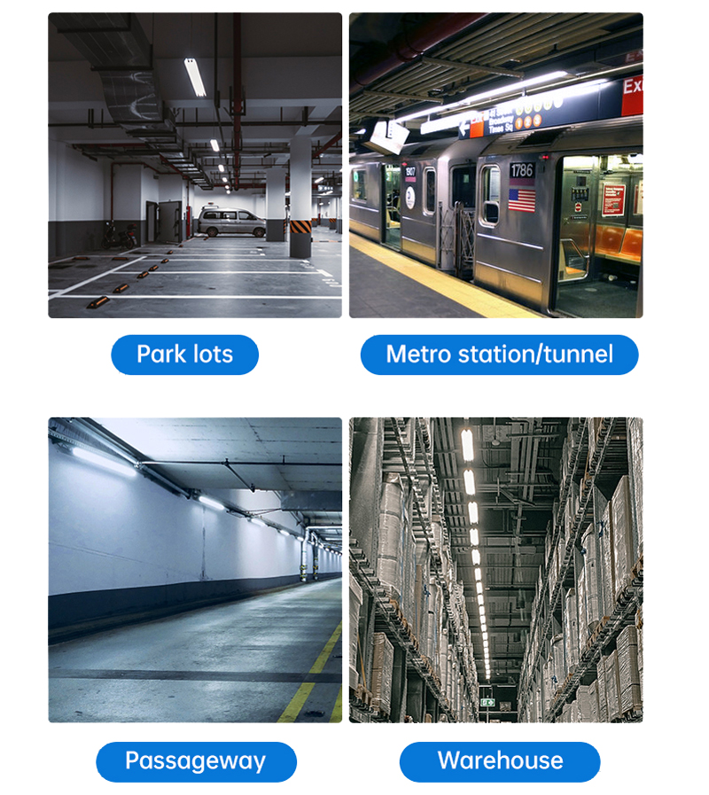 This image introduces the application scenarios of the LED Batten Light product, including various commercial and industrial locations such as underground parking lots, subway stations, tunnels, warehouses, and more.