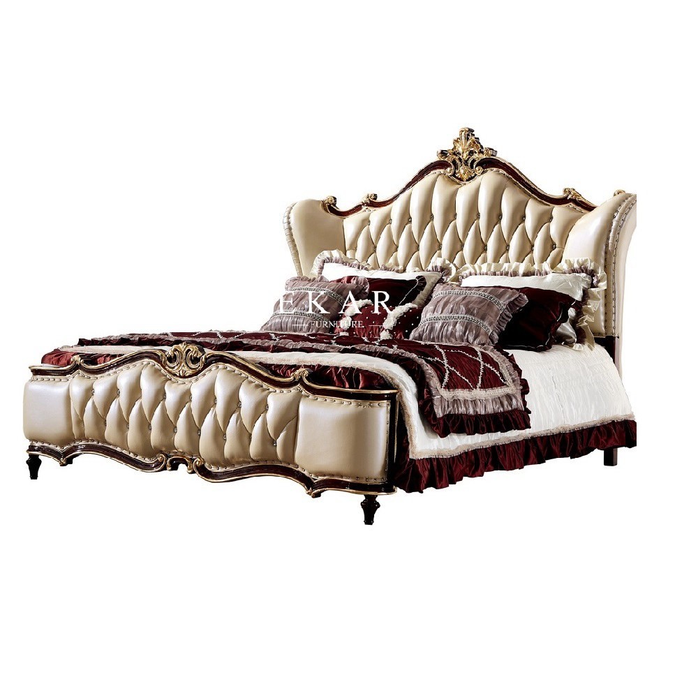 Luxury Antique European Style Leather Design Carving King Size Bed