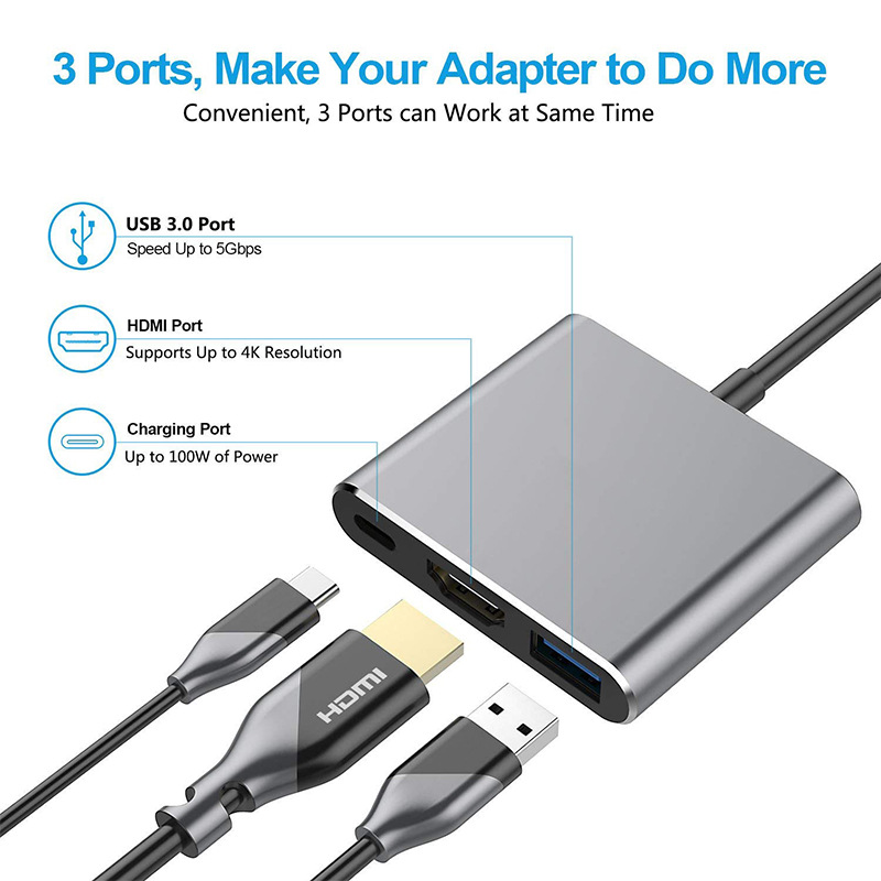 3-In-1 USB C Type C Multi-function Hub To USB-C PD HDMI USB 3.0 Adapter Converter Cable