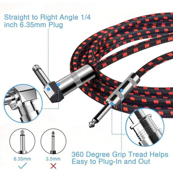 Braided 6.35mm Angle-to-Straight Electric Guitar Cable for Professional Audio Instruments