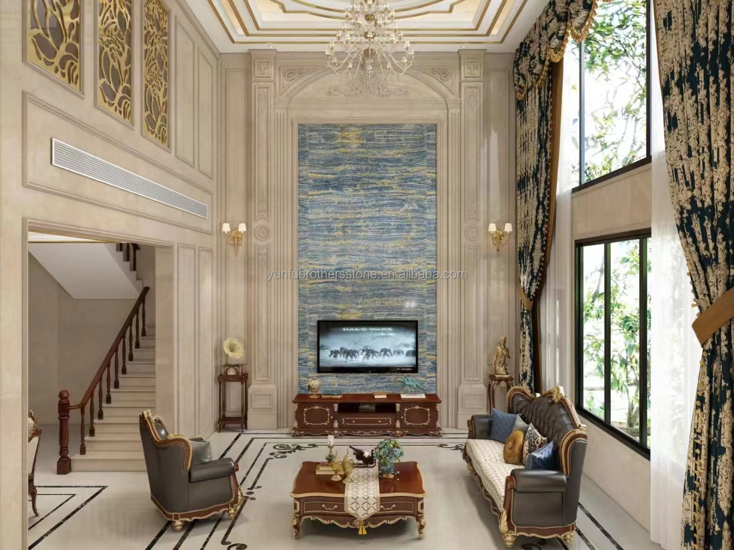 Blue Golden Onyx Stone Slabs Natural Translucent Marble for TV Background Wall Panels