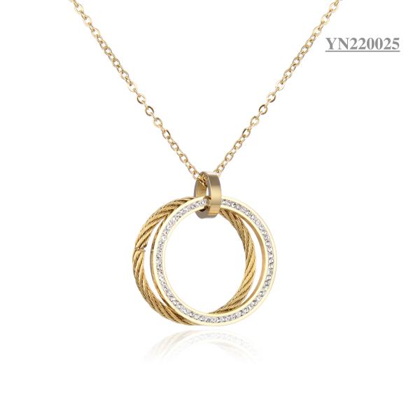 Sumptuous Stainless Steel Fashion Necklaces Double Ring Rhinestone Pendant