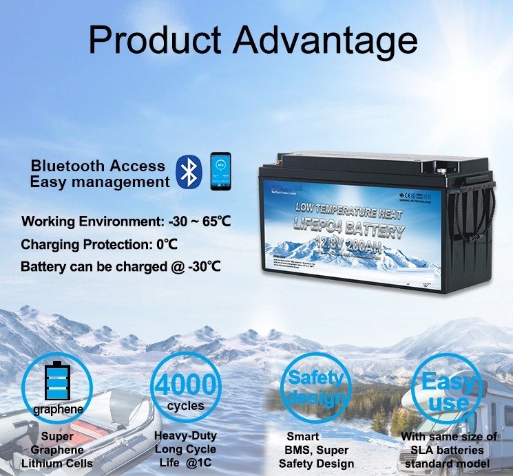 Rechargeable Low Temperature Lithium ion Marine Battery 12V 200Ah LiFePO4 Batteries with Self-Heating Function