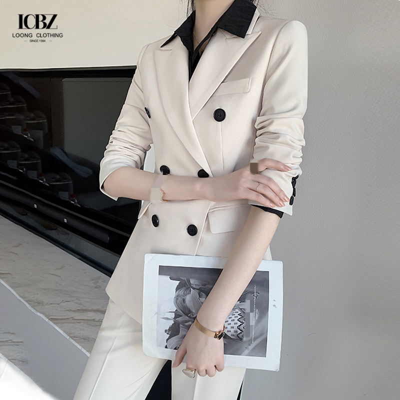 Nonwoven Women's Office White Dress Suit 2023 Top and Pants with Single Button Blazer