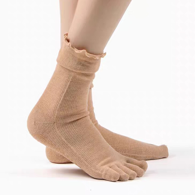 Women Ruffle Cuff Non Slip Yoga Socks Five Toe Grip Pilates Socks