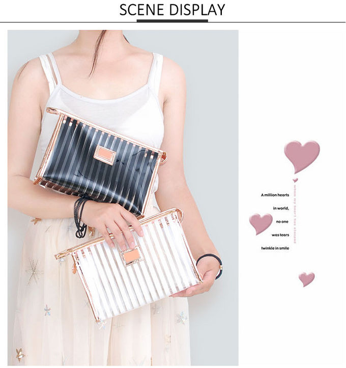 Transparent Pink Strip Pattern PVC Waterproof Makeup Cosmetic Storage Bag