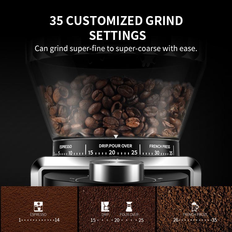 Ultra Fine Professional Conical Burr Coffee Grinder Coarse 35 Setting LED Light