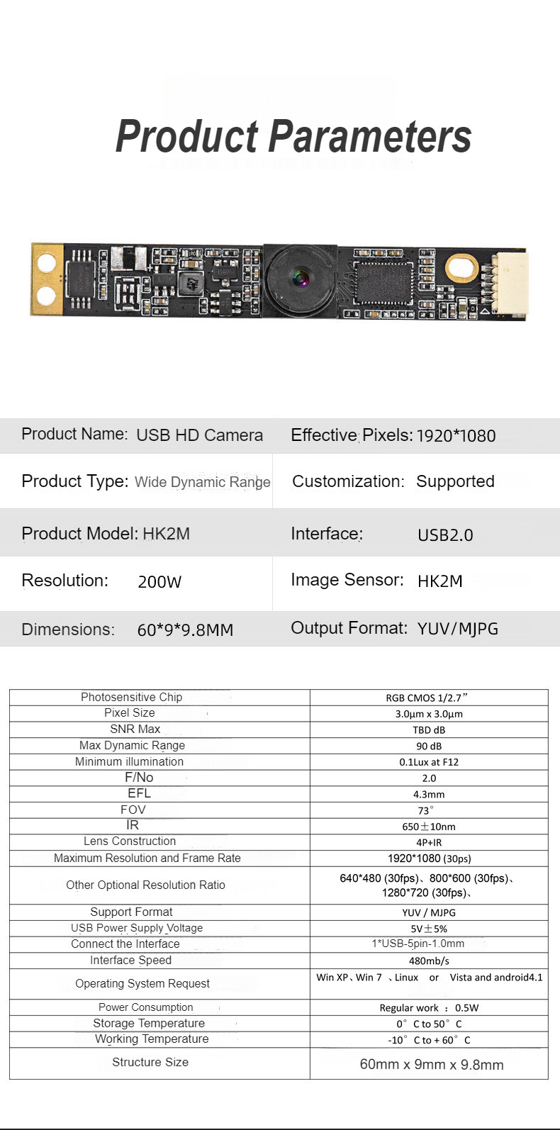 HK2M-H1901 Outdoor Wide Dynamic Backlight-Resistant Camera Module Lens Construction 4P+IR