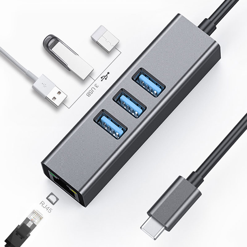 USB 3.1 Type C to 9 Ports USB3.0 Hub with Gigabit Ethernet RJ45 Lan Port Adapter Gray