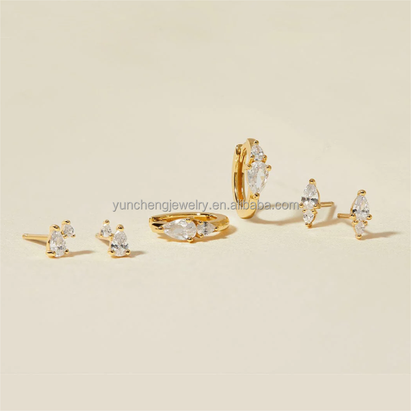 Three Pieces S925 Silver Zircon Earrings Pear Cut Cubic Zirconia Hoop Earrings