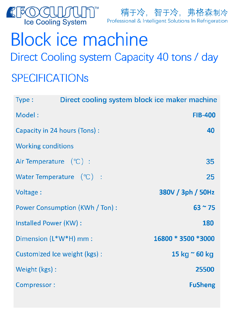 40 Tons Industrial Ice Block Maker Making Machine with Design and Fusheng Compressor