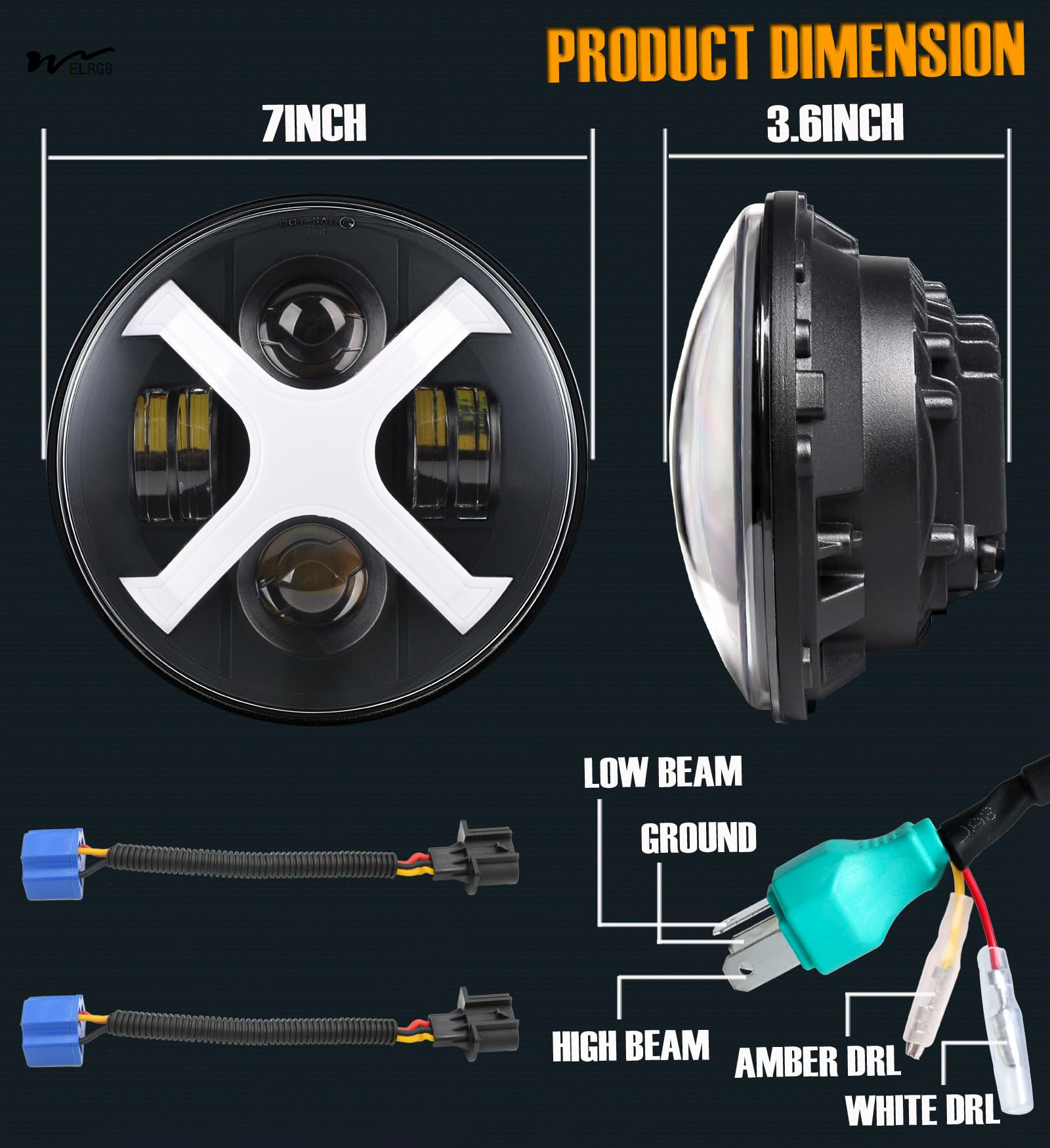 7inch Round LED Headlights X-Style White DRL Blue Turn Signal Vehicle Service Type Car