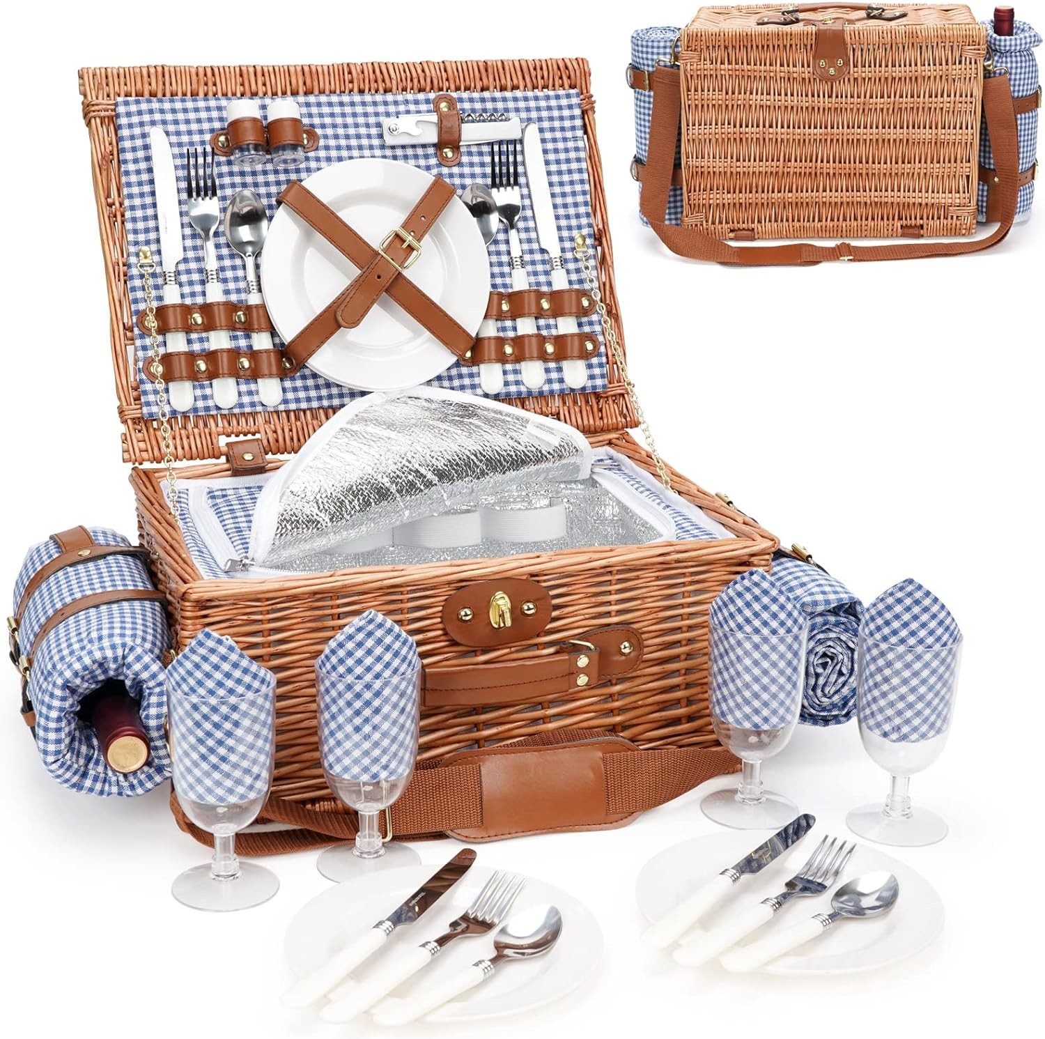 Wicker Picnic Basket with Lid and Handle Sturdy Woven Body with Washable Lining for Easter,Mother's Day,Outdoor Camping